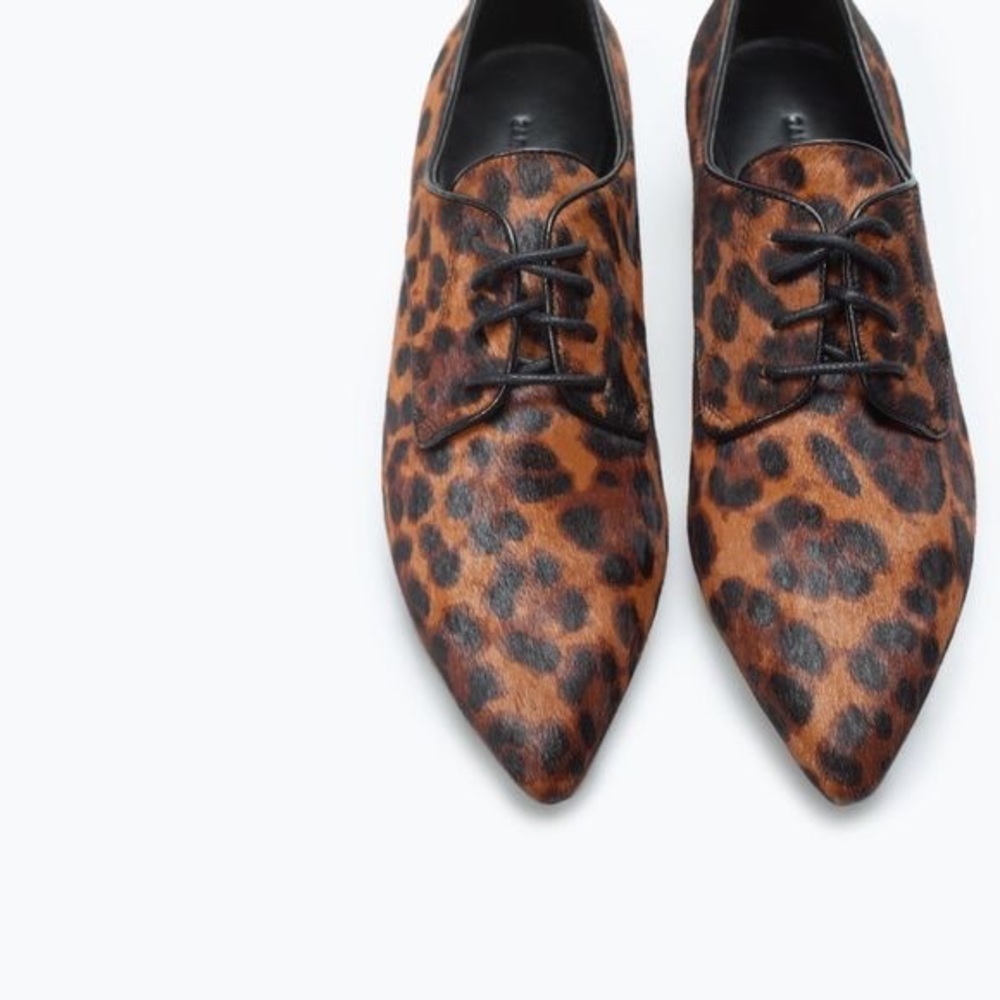 Zara Leopard Calf Hair Pointy Oxfords